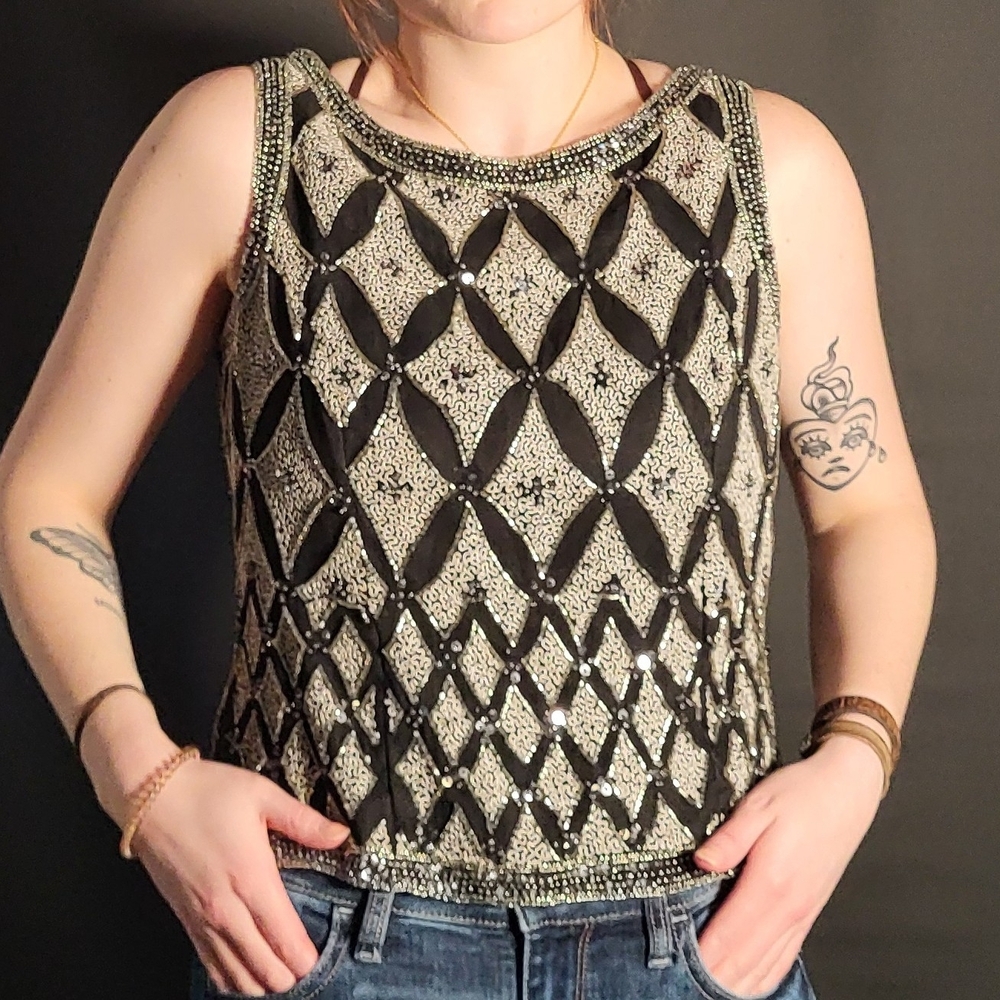 Papell Boutique Black and Silver Geometric Tank Top